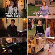 four different scenes from the tv show, which include two women and one man walking in front of a school bus