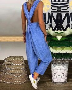 Lasaky - Relaxed Cut Out Tie Detail Jumpsuit Non-stretch Overall Jumpsuits And Rompers For Beach, Casual Non-stretch Jumpsuits And Rompers For Beach, Non-stretch Vacation Overalls And Rompers, Non-stretch Overalls And Rompers For The Beach, Non-stretch Overalls For Beach, Non-stretch Vacation Jumpsuits, Casual Backless Jumpsuits And Rompers In Solid Color, Spring Solid Color Backless Jumpsuits And Rompers, Backless Solid Color Jumpsuits And Rompers For Spring