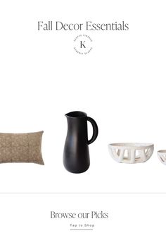 the website for fall decor essentials is displayed with black and white items, including a pitcher