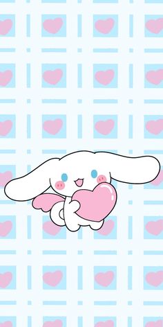 a cartoon bunny holding a pink heart in front of blue and white checkered background