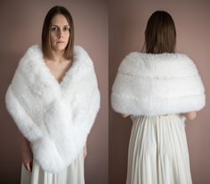 two photos of a woman wearing a white fur shawl