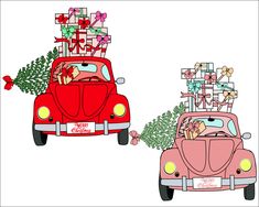 a red car with presents on the roof is driving past a pink car that has it's door open