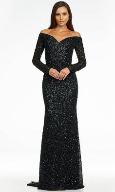 Ashley Lauren - 11176 Long Sleeve Sequin Gown Asymmetric Jumpsuit, Ashley Lauren, Sequin Evening Gowns, Sheath Skirt, Off Shoulder Gown, Dramatic Style, Off Shoulder Jumpsuit, Trumpet Gown, Halter Gown