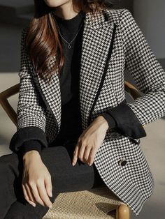 Daily Long Sleeve Lapel Collar Houndstooth Blazer, Black / M Houndstooth Blazer Outfit, Abaya Inspiration, Outfit Formal Mujer, Business Casual Blazer, Blazer Outfits Casual, Women's Outfits By Occasions, Houndstooth Blazer, Blazer Designs, Fashionista Clothes