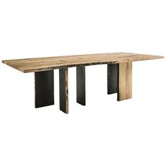 a wooden table with metal legs on white background