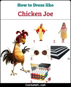 an image of chicken joe costume for adults and children with instructions on how to dress like chicken joe