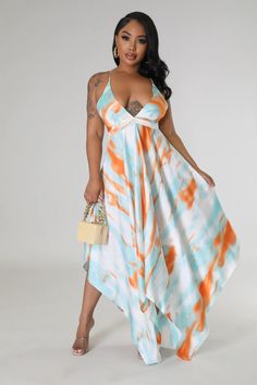 Non-Stretch dress V neck Sleeveless Adjustable straps Self tie No closure 100% polyester Hand wash cold Model is wearing a small Orange V-neck Sleeveless Summer Dress, Orange Halter Neck Sleeveless Dress For Vacation, Orange Halter Neck Sleeveless Dress For Summer, Orange Sleeveless Summer Party Dress, Orange Sleeveless Maxi Dress For Vacation, Orange Sleeveless Dress For Summer Vacation, Orange Sleeveless Dress For Beach Vacation, Orange Sundress For Beach Party, Summer Orange Sleeveless Party Dress