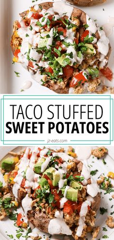 taco stuffed sweet potatoes on a white baking sheet Spicy Chicken Tacos, Lime Crema, Stuffed Sweet Potatoes, Healthy Beef Recipes, Filling Dinner, Slow Cooker Pulled Pork, Easy Taco, Healthy Instant Pot Recipes