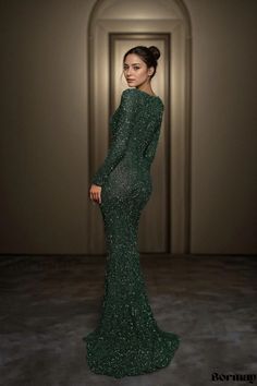 Bormay - Stylish Long-sleeve High Silt Glittery Formal Dress Mini Skirt Fashion, Strapless Dresses Short, Sequin Evening Gowns, Long Sleeve Evening Gowns, Mermaid Evening Gown, Sequin Formal Dress, Fishtail Skirt, Sequin Evening Dresses, Evening Gown Dresses