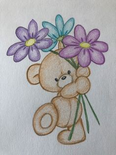 a drawing of a teddy bear holding flowers