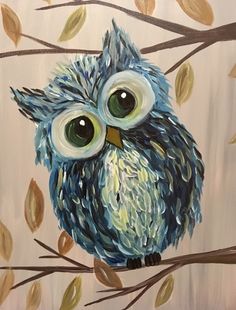 an owl sitting on a tree branch with leaves around it's eyes, painted in acrylic paint