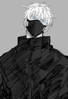 an anime character wearing a black mask with blue eyes and hair in the middle of his face