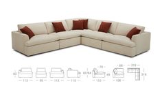 the sectional sofa is shown with two pillows and one pillow on it's back