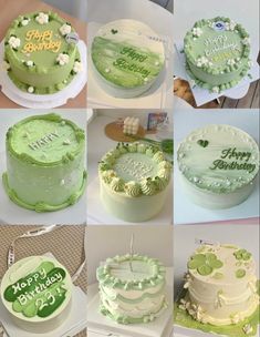 many different types of birthday cakes with green frosting and flowers on them, including one that says happy birthday