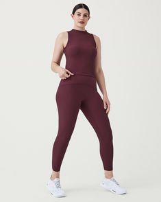 This fully lined Contour Rib Mock Neck Tank was designed for spin and styled for the street. Pairs perfectly with the Contour Rib Leggings and Skort. | Spanx Women's SPANXshape Get Moving Contour Rib Tank Top Sleeveless Fall Activewear For Workouts, Sleeveless Activewear For Fall Workout, Fall Sleeveless Workout Activewear, Mock Neck Tank Top, Rib Tank Top, Mock Neck Tank, Ribbed Leggings, Muffin Top, Get Moving