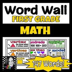 the first grade math word wall is shown in yellow and black with an image of a woman