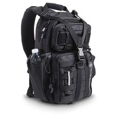 the back pack has two bottles in it and is attached to an external shoulder strap