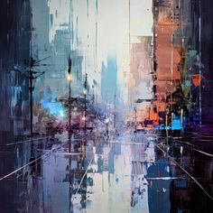 an abstract painting of city street lights and buildings