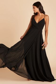 Kaia Chiffon Bridesmaid Dress in Black – Birdy Grey V-neck Maxi Dress With Sweep Train And Fitted Bodice, Formal Chiffon V-neck Gown, Chic V-neck Bridesmaid Evening Dress, Elegant V-neck Dress With Surplice Neckline For Evening, Chiffon V-neck Dress With Ruched Bodice, V-neck Maxi Dress With Ruched Bodice For Bridesmaid, Floor-length Maxi Dress With Flattering Silhouette For Weddings, Chiffon Empire Waist Bridesmaid Dress, Flattering Floor-length Maxi Dress For Weddings