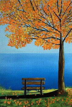 a painting of a bench under a tree with orange leaves on it and the ocean in the background