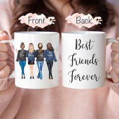 two women holding coffee mugs with the words best friends forever written on one side