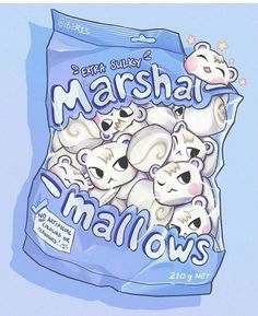 there is a bag of marshmallows on the blue background with other bears