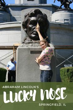 abraham lincoln's lucky nose springfield, ill poster with girl touching the bust of abraham lincoln