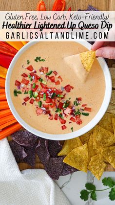 Dipping a tortilla chip in healthy queso dip. Healthy Queso Dip, Healthy Queso, Enchiladas Burritos, Low Calorie Low Carb, Keto Gluten Free, Vegetable Dips, Queso Dip Recipes, Delicious Dips, Queso Recipe