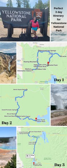 the yellowstone national park is shown in four different pictures, including a map and directions