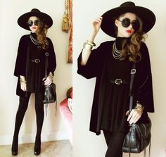 Edgy Sundress, Witch Hat Outfit, Skirt Black Outfit, Zara Lookbook, Black Outfit Winter, Goth Hat, Wang Heels, Hats Ideas, Glasses Outfit