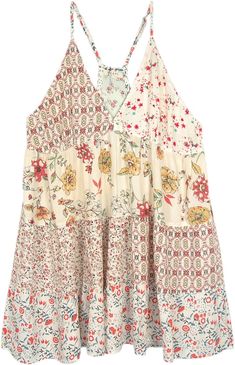 True sunshine essential, this soft and pretty floral printed patchwork dress looks and feels fresh.  The patchwork is an amalgam of beautiful floral prints in ivory cream background shades. #tlb #Sleeveless #Patchwork #vacationclothing #beachwrap #Floral #Printed #bohemianfashion #Overalls and Rompe #MidiDress #BabyDollDress #PixieDress #Fairydress White Floral Patchwork Dress For Vacation, White Floral Patchwork Dress For Beach, White Beach Dress With Floral Patchwork, Sleeveless Beige Patchwork Dress, Casual White Dress With Floral Patchwork, Vacay Clothes, Spain Fits, Cream Dresses, Flower Patchwork