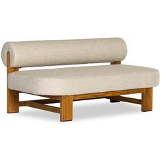 a wooden bench with a beige upholstered seat and back cushion on an isolated white background