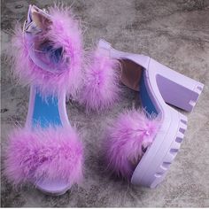 Nwot Never Worn Size 8 Cute Party Heels In Synthetic Material, Cute Party Heels With Synthetic Material, Cute Purple Sandals For Spring, Fun Round Toe Heels For Party, Fun Round Toe Party Heels, Fun Party Heels With Round Toe, Fur Sandals, Chunky High Heels, Ankle Strap