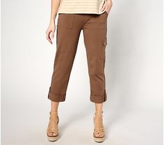 Susan Graver Premium Stretch Crop Pants - QVC.com Casual Cropped Bottoms For Fall, Fall Cargo Style Bottoms With Cuffed Ankles, Trendy Cotton Capris For Work, Cropped Utility Bottoms For Fall, Fall Cropped Utility Bottoms, Sporty Cropped Cotton Bottoms, Versatile Cropped Leg Cotton Capris, Versatile Cotton Cropped Leg Capris, Spring Casual Cargo Style Capris