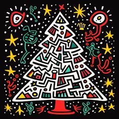 a drawing of a christmas tree on a black background