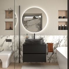 a bathroom with marble walls and flooring, including a round mirror above the sink