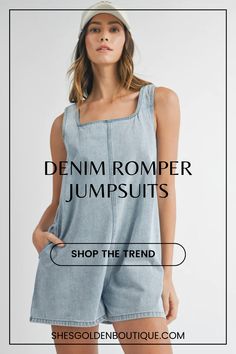 Looking for spring summer fashion ideas & spring outfit trends 2024?  Denim on denim is in!  Shop this cute denim romper outfit from our spring pre-sale, you'll want to wear this denim jumpsuit outfit all spring and summer long!  Explore our collection of trendy outfits for summer & cute spring outfits for women here! Trendy Spring Jumpsuits And Rompers With Square Neck, Summer Light Wash Shortalls, Summer Medium Wash Shortalls For Day Out, Denim Shortalls For Day Out, Chic Summer Light Wash Jumpsuits And Rompers, Summer Day Out Medium Wash Shortalls, Chic Light Wash Jumpsuits And Rompers For Summer, Denim Blue Jumpsuits And Rompers For Summer Day Out, Sleeveless Shortalls For Summer Day Out