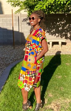 "This is a unique African midi dress in a multi-print. This comfy dress made from Ankara fabric is cut to flatter your curves.  Style is loosely cut for wiggle room.  More fabric options in pictures, please scroll through all photos for more available fabric.   *Made to order, length is up to 40\" but can be made shorter per customer request.   We prefer to use your measurements, pls include bust and hips in the note to the seller portion at check out.  If no measurements are provided, we will use the ones listed below. Fabric - 100% Cotton with no stretch *️⃣MEASUREMENT GUIDE: US \"2\" /UK \"6\" XXS Bust:31 Hips: 34 US \"4\"/ UK \"8\" XS - Bust:32 Hips: 36 US \"6\"/ UK \"10\" S - Bust:34 Hips: 38 US \"8\"/ UK \"12\" M - Bust:36 Hips: 40 US \"10\"/ UK \"14\" L- Bust: 38 Hip: 42 US \"12/\" Multicolor Print V-neck Dress With Patchwork, Multicolor V-neck Mini Dress With Patchwork, Multicolor V-neck Dress With Mixed Print, Multicolor Mixed Print V-neck Dress, Multicolor Mixed Print Vacation Dress, Multicolor Mixed Print Dress For Vacation, Multicolor Mixed Print Beach Dress, Multicolor Printed Knee-length Dress, Multicolor Print Cotton V-neck Dress