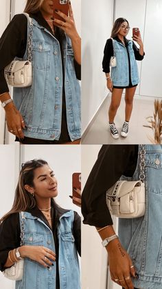 Vest And Denim Shorts Outfit, Sleeveless Denim Jacket Outfit, Sleeveless Jean Jacket Outfit, Jean Vest Outfits, Silk Shirt Outfit, Denim Vest Outfit, Sleeveless Jean Jackets, Jeans West