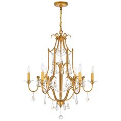 a gold chandelier with crystal drops hanging from it's center and four arms