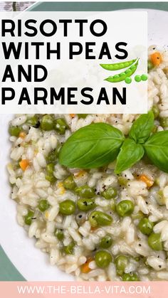 risotto with peas and parmesan in a white bowl