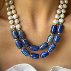 Beaded lapis lazuli necklace is for women. Handmade blue lapis lazuli and natural pearl jewelry is for gift. You can wear this handmade lapis lazuli necklace every day. You can choose this handmade beaded necklace for your mom, wife and girlfriend as a birthday gift or anniversary gift. If they like gemstone jewelry, this handmade lapis lazuli necklace is great gift for them. -Beads are lapis lazuli and natural pearls. -Beads are 9-12 mm -The beads are made of natural material, so the pieces may Elegant Blue Lapis Lazuli Beaded Necklaces, Blue Lapis Lazuli Beaded Necklaces, Elegant Beaded Lapis Lazuli Necklace, Elegant Lapis Lazuli Necklace With Faceted Beads, Women Birthday Gifts, Natural Pearl Jewelry, Luxury Lapis Lazuli Faceted Beads Necklace, Natural Pearl Necklace, Lapis Lazuli Necklace