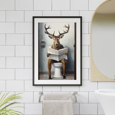 a deer is sitting on the toilet reading a newspaper while holding a towel in his hand