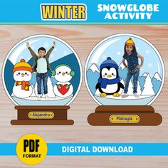 two snow globes with children in them and the words winter on top of them