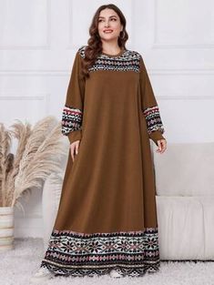 SHEIN Mulvari Women's Plus Size Solid Color V Neck Loose Casual Dress | SHEIN USA Patterned Long Sleeve Maxi Dress, Brown Cotton Long Sleeve Maxi Dress, Twist Front Dress, Twist Front, Dress P, Plus Size Dresses, Casual Dress, Floral Print, Floral Prints