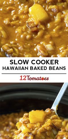 slow cooker hawaiian baked beans with text overlay