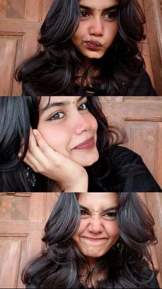 three different pictures of a woman with black hair