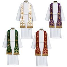 Description: The Byzantium Collection Overlay Stole will elevate your ecclesiastical attire. This stole, created for a Roman-style overlay and crafted with painstaking artistry, adds a touch of grandeur and reverence to your religious events, making it a remarkable adornment for priests and clergy members.The stole has a two-tone metallic gold design that is entirely embroidered and oozes luxury and elegance. The elaborate pattern is painstakingly sewn with delicate metallic gold thread, resulti White Elegant Chasuble For Weddings, Roman Style, Roman Fashion, Gold Thread, Gold Threads, Gold Design, Metallic Gold, Gold Metal, Two Tone