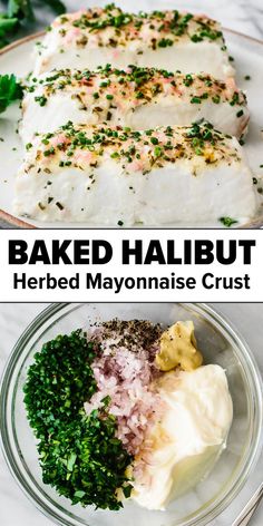 baked halibut with herbs and mayonnaise crust on the side in a glass bowl