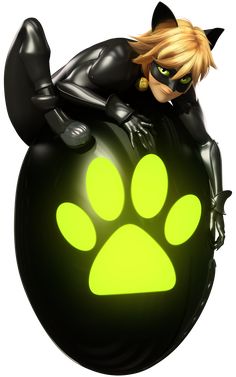 a catwoman is sitting on top of a ball with a paw in the shape of a dog's paw